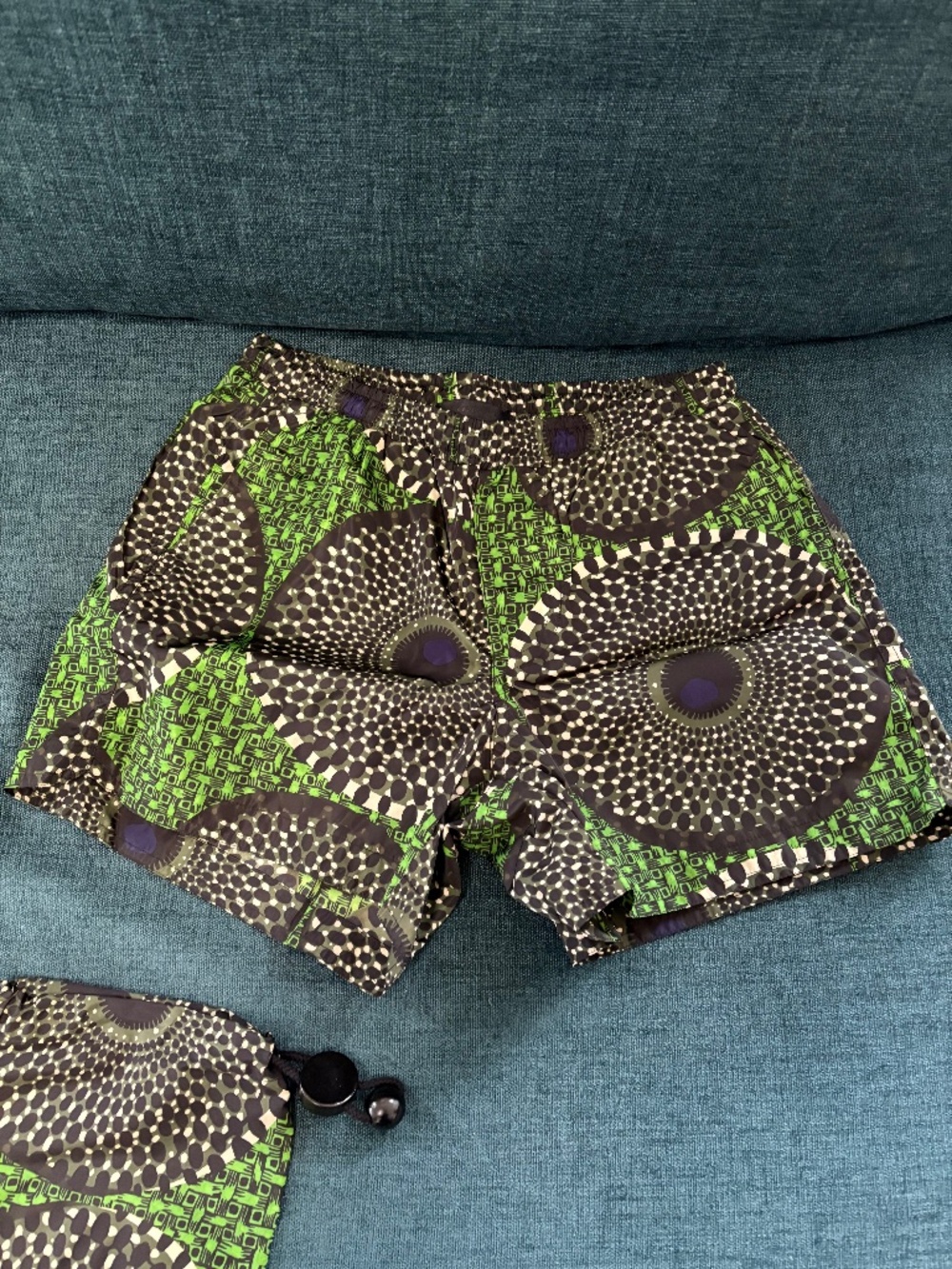 BURBERRY Prorsum Size Small Black and Green Abstract Drawstring Swim Trunks